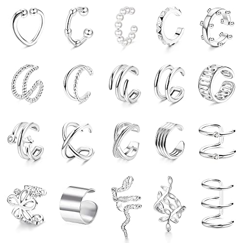 JeryWe 20Pcs Ear Cuff Ohrringe Set Ohrmanschette Nicht Piercing Fake Helix Knorpel Manschette Ohrringe Ohr Cuffs Ohrklemme Wickelohrring Fakepircings Ohne Ohrloch Silber von JeryWe