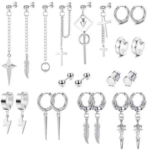 JeryWe 22 Stück Baumelnde Ohrringe für Herren Edelstahl Scharnier Creolen Lange Kette Ohrstecker Kreuz Baumeln Ohrringe Set Kpop Ohrringe für Herren Edelstahl（Silber） von JeryWe