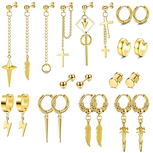 JeryWe 22 Stück Baumelnde Ohrringe für Herren Edelstahl Scharnier Creolen Lange Kette Ohrstecker Kreuz Baumeln Ohrringe Set Kpop Ohrringe für Herren Edelstahl（Gold） von JeryWe