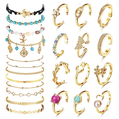 JeryWe 24Stück Boho Fußkettchen und Zehenring Set für Frauen Mädchen Türkis Perle Geschichtetes Fußkettchen Blume Böser Blick Offene Zehenringe Gold Verstellbare Ketten Sommer Fußschmuck von JeryWe