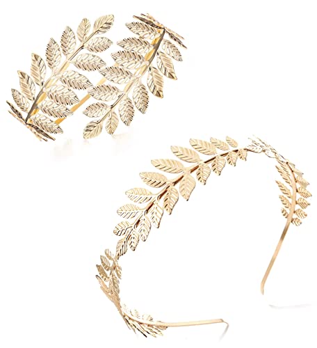 JeryWe 2Stück Gold Griechische Göttin Schmuck Set für Damen Gold Römischer Lorbeerblatt Krone Stirnbänder Oberarm Manschette Armreif Haarschmuck Braut Hochzeit Kopfschmuck Party Halloween von JeryWe