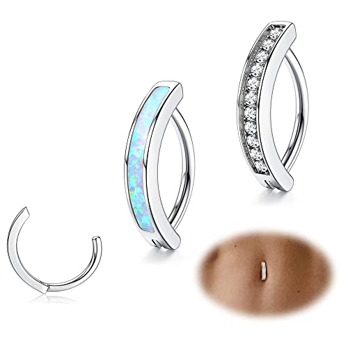 JeryWe 2stk 14G Clicker Piercing Bauchnabel für Damen Frauen Edelstahl Bauchnabelpiercing CZ Opal Körperschmuck Reverse Curved Nabel Barbell Schmuck Silber 12mm von JeryWe