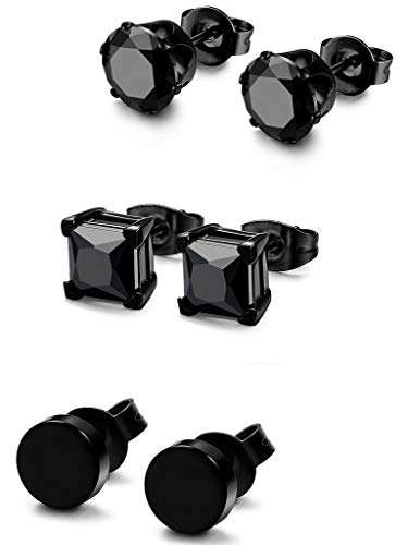 JeryWe 3 paar Schwarzer Ohrstecker Set für Herren Damen Runde Zirkonia edelstahl ohrstecker （7mm） von JeryWe