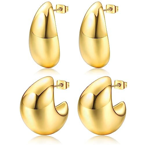 JeryWe 2 Paare Bottega Dupes Ohrringe für Damen Chunky Gold Ohrringe Dupes mit 18K Echtem Vergoldete Leicht Chunky Ohrringe Leichte Waterdrop Hollow Open Hoops von JeryWe