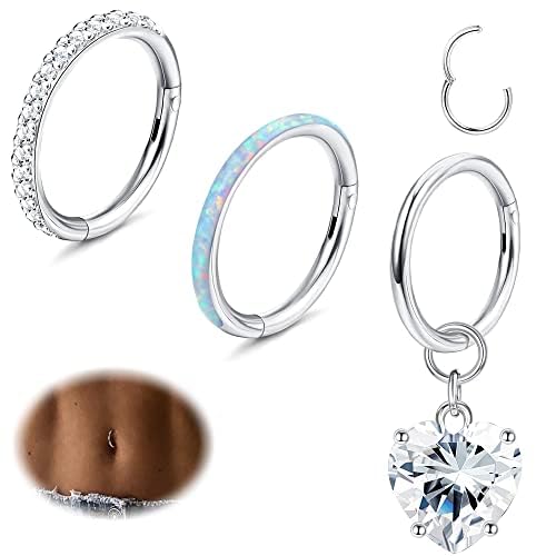 JeryWe 3 Stück 14G Bauchnabelpiercing für Damen 316L Chirurgenstahl Bauchnabel Reif CZ Opal Herz baumeln Scharnier Nahtlos Piercing Bauchnabel Nase Nabelpiercing Körperschmuck von JeryWe