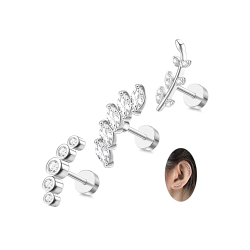 JeryWe 3 Stück 16G Edelstahl Knorpel CZ Ohrstecker für Frauen Helix Muschel Daith Piercing Schmuck Set B von JeryWe