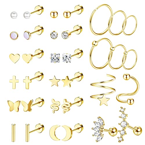 JeryWe 34 Stück Ohrringe Ohrstecker Set Damen Mädchen Hypoallergen Chirurgenstahl Knorpel Ohrpiercing 20G Mehrere Tragus Piercing Helix Piercing CZ Herz Stern Creolen Ohrlöcher Gold von JeryWe