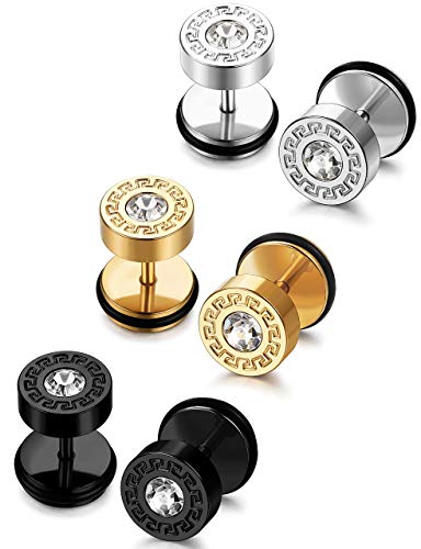 JeryWe 3Paare Ohrringe Ohrstecker Set Herren Damen Edelstahl Runde CZ Schraub Ohrringe Barbell Ohrstecker Fake Plugs Ohr Tunnel Piercing Ohrschmuck Silber Gold Schwarz von JeryWe