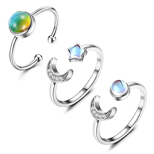 JeryWe 3pcs Ring Damen Offen Verstellbar Mondstein Ringe Stapelbare Stimmungsringe Farbwechsel Mood Ring Solitaire Edelstein Ring CZ Stern Mond Fingerringe Statement Ring SILBER von JeryWe