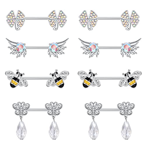 JeryWe 4 Paar 14G Nippel Piercing für Damen 316L Edelstahl Brustwarzenpiercing Nippelpiercing Schmuck Set Süße Blau Silber Biene Katze Mond CZ Vierblättrig Langhantel Nippelringe silber von JeryWe