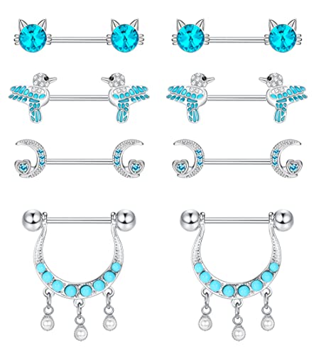 JeryWe 4 Paar 14G Nippel Piercing für Damen 316L Edelstahl Brustwarzenpiercing Nippelpiercing Schmuck Set Süße Blau Silber Biene Katze Mond CZ Vierblättrig Langhantel Nippelringe blau von JeryWe