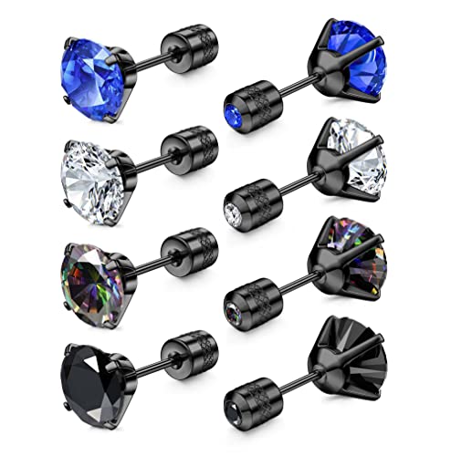 JeryWe 4 Paar G23 Titan Ohrringe für Herren Damen Titan Tragus Knorpel Ohrring Set 5A Cubic Zirkonia flache Rückseite Ohrring Medizinische Titan Ohrstecker für Allergiker Hypoallergen 7mm von JeryWe