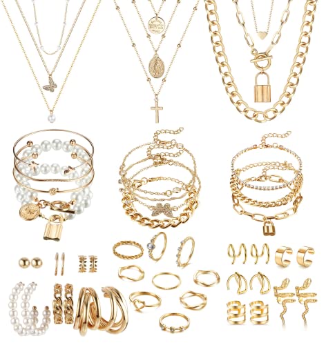 JeryWe 46 Stück Schmucksets für Damen mit 3 PCS Halskette 12 Stück Armbänder 9 Stk. Achsschenkel Ringe 10PCS Ear Cuff Ohrklemme Ohrringe und 12 Stk Vergoldete Ohrringe Schmuck-accessoires von JeryWe