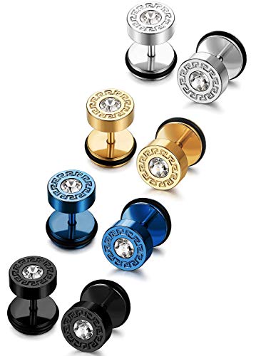 JeryWe 4Paare Ohrringe Ohrstecker Set Herren Damen Edelstahl Runde CZ Schraub Ohrringe Barbell Ohrstecker Fake Plugs Ohr Tunnel Piercing Ohrschmuck Silber Gold Schwarz von JeryWe