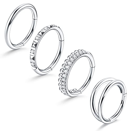 JeryWe 4Pcs 16G Nasenringe Septum Clicker Set für Frauen Chirurgenstahl Nase Piercing CZ Hinged Segment Seamless Clicker Ring Hoop Lippenringe Helix Knorpel Conch Hoop Ohrringe Piercing 10mm von JeryWe