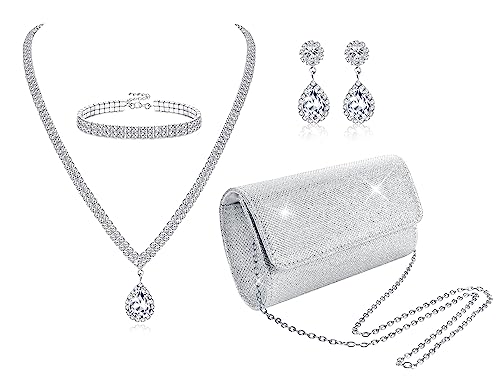 JeryWe 4Pcs Silberne Clutch Schmuck-Set für Frauen Abend Rhinestone Geldbörse Zubehör für Frauen Braut Hochzeitsschmuck von JeryWe