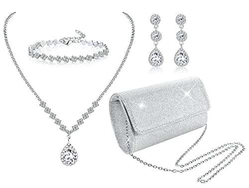 JeryWe 4Pcs Silberne Clutch Schmuck-Set für Frauen Abend Rhinestone Geldbörse Zubehör für Frauen Braut Hochzeitsschmuck von JeryWe