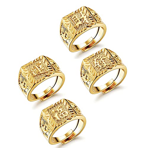 JeryWe 4pcs Edelstahl Ringe Set Herren Vergoldet Reich/Glück/Reichtum Band Siegelring Bandring Offener Daumen Fingerring Hochzeitsring von JeryWe