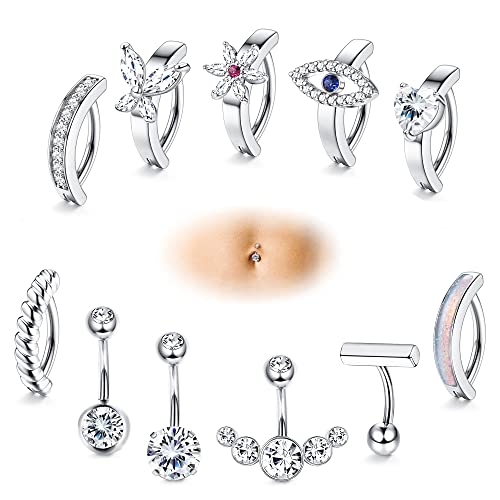 JeryWe 11 Stück 14G Clicker Bauchnabelpiercing Ring für Frauen chirurgenstahl CZ Opal Twist Herz Blumen Schmetterling Böse Augen Reverse Curved Nabel Piercing Bauchnabel Schmuck（Silber） von JeryWe