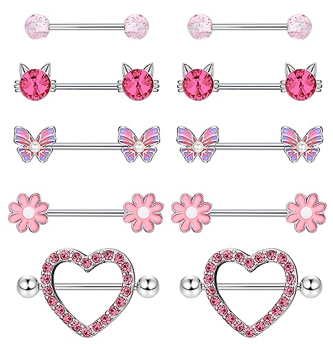 JeryWe 5 Paare 14G Nippelringe für Frauen Mädchen 316L Edelstahl Brustwarzenpiercing Schmuck CZ Blume Herz Schmetterling Nippelringe SetRosa von JeryWe