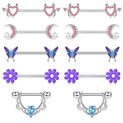 JeryWe 5 Paare Nippelringe für Frauen Edelstahl Herz Schmetterling CZ Blume Langhantel Nippelringe Set Brustwarzenpiercing Schmuck Niedlicher Nippel Piercing SchmuckGemischt von JeryWe