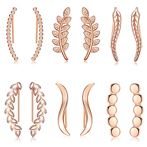 JeryWe 6 Paar Damen Knorpel Schmuck Ohrringe Ohrklemme Ohrstecker Blätter ear cuff Ohrclip für Mädchen Teenager Feder Lineare Welle Ohrpiercing Roségold von JeryWe