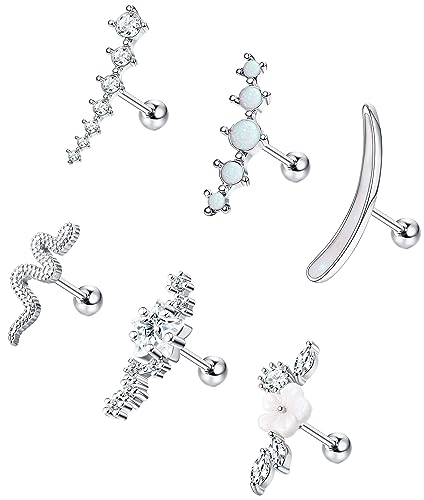 JeryWe 6 Stück 16G Helix Piercings Edelstahl Tragus Knorpel Ohrstecker für Damen Tragus Helix Conch Ohrringe Piercings Opal CZ Zirkonia Blatt Kurve Ohrringe Silber von JeryWe