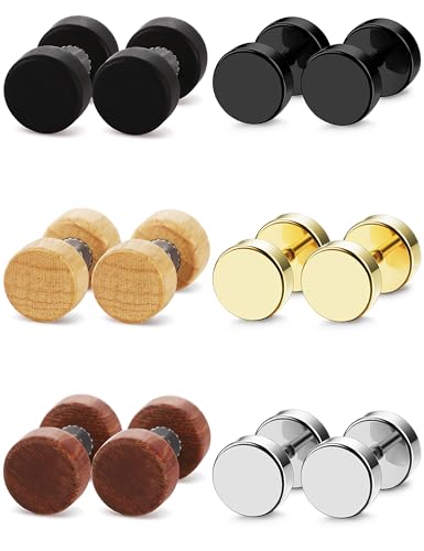 JeryWe 6Paare Ohrringe & Ohrstecker - Herren & Damen: 3Paare Holz Fake Plugs & 3Paare Edelstahl Runde Schraube Barbell Ohrstöpsel Faux Gauges Ohr Tunnel 18G 6mm von JeryWe