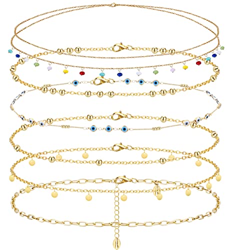 JeryWe 6Pcs Bauchkette Taillenkette für Frauen Mädchen 18K Vergoldet Böses Auge Perlen Pailletten Sommer Bikini Strand Gold Kette Sexy Quaste Hüftkette Boho Einstellbar Körperschmuck（Stil1） von JeryWe