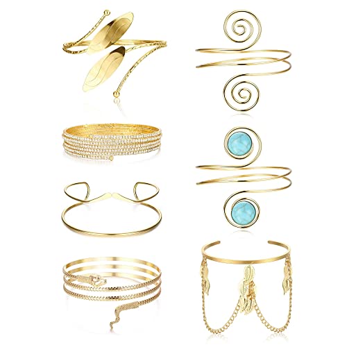 JeryWe 7 Stück Oberarm Armbänder Für Frauen Damen Manschette Armreif Gold/Silber Manschette Armband Set Verstellbare Offen Draht Leaf Armbänder Boho Punk Swirl Oberarmreif von JeryWe