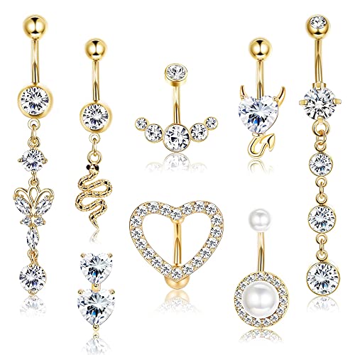 JeryWe 8 Stück Bauchnabelpiercing Edelstahl Bauchnabel Piercings Set Mit Anhänger Nabelpiercing für Frauen Silber Gold Nabel Barbell Körperschmuck Piercing 14GGold von JeryWe