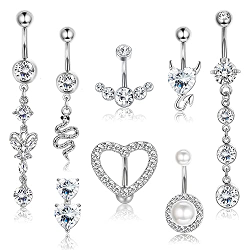 JeryWe 8 Stück Bauchnabelpiercing Edelstahl Bauchnabel Piercings Set Mit Anhänger Nabelpiercing für Frauen Silber Gold Nabel Barbell Körperschmuck Piercing 14GSilber von JeryWe