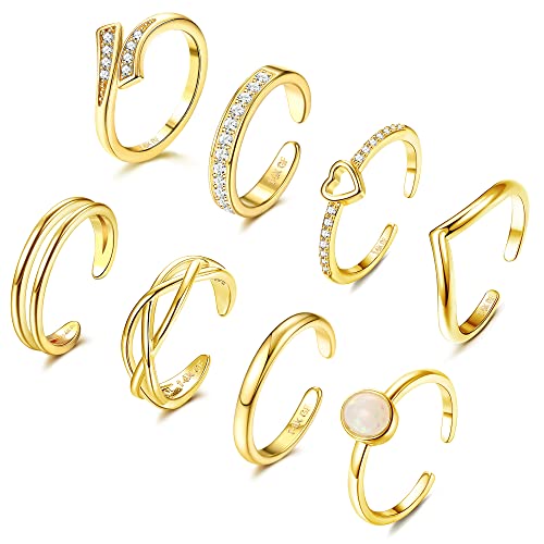 JeryWe 8 Stück Zehenringe für Damen Offene Zehenring mit CZ Herz Verstellbare Zehenringe Bandringe Sommer Strand Fuß Schmuck Set 14 Karat Gold von JeryWe