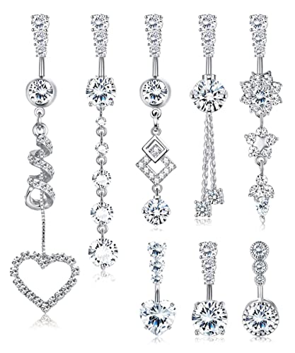 JeryWe 8 STK baumelnde Bauchnabelringe Set für Frauen 14G aus 316L Edelstahl Silber Herz klar CZ Langhantel Bauchringe Piercing Quaste baumeln umgekehrt gebogener Bauchnabel Langhantel Körperschmuck von JeryWe