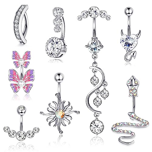 JeryWe 8 Stücke Bauchnabelpiercing für Frauen Bauchnabel Ring Edelstahl CZ Schmetterling Bauchnabel Piercing Set Baumelnde Nabel Ringe Körper Piercing SchmuckSilber von JeryWe