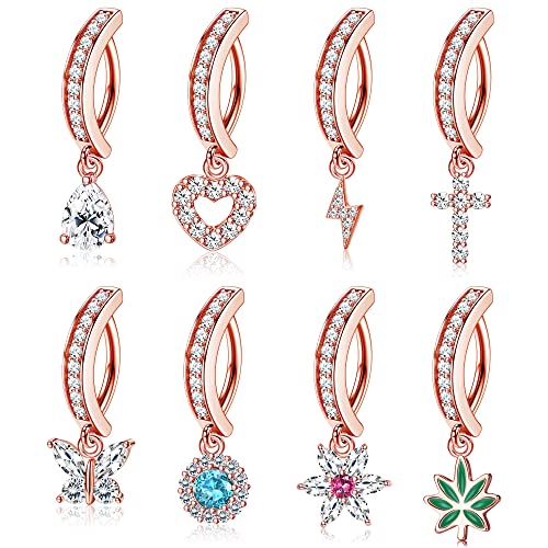 JeryWe 8Pcs Clicker CZ Bauchnabel Ringe für Damen Frauen 14G Chirurgenstahl Bauchnabelpiercing mit Baumelnd Herz Schmetterling Kreuz Blume Reverse Curved Navel Barbell Körper Piercing rosa gold von JeryWe