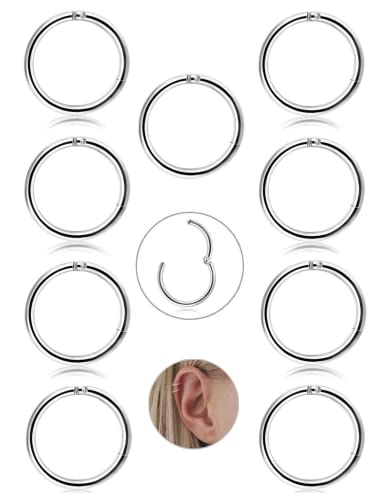 JeryWe 9Stk 16G Edelstahl Knorpel Creolen Ohrringe für Frauen Männer Nase Ringe Piercing Hoop Lippe Septum Clicker Ring Tragus Piercing Schmuck Set 8/10mm Silber/Gold/Roségold/Schwarz von JeryWe