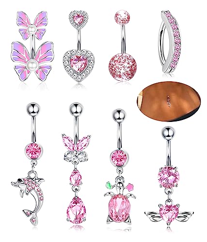 JeryWe 8pcs Bauchnabelpiercing für Damen Chirurgenstahl Reverse Clicker Bauchnabel Belly Piercings Baumelnd Farbenfroh CZ Schmetterling Evil Eye Nabel Körperschmuck 14G Rosa 10MM von JeryWe