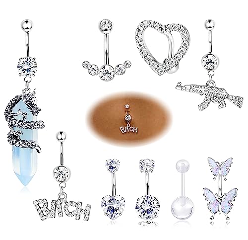 JeryWe 9-10 Stück Bauchnabelpiercing für Damen Edelshtahl Bauchnabel Piercing Schmuck CZ Schmetterling Herz mit Anhänger Reverse Curved Barbell Piercing Schmuck Rosa/Weiß/BlauWeiß von JeryWe