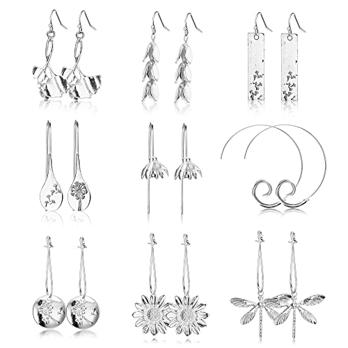 JeryWe 9 Paar Boho Ohrringe Set für Damen Mädchen Tropfen Hängend Ohrringe Ohrhänger Blume Blatt linear lange Fransen Ohr Piercing SILBER style A von JeryWe