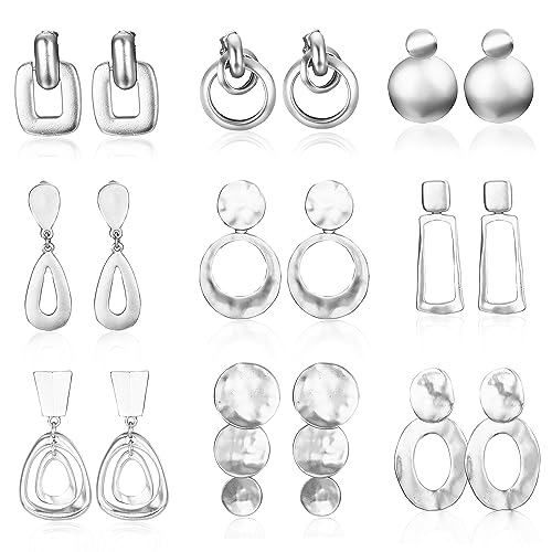 JeryWe 9 Paar Ohrclips Damen Mädchen Baumeln Clip Ohrringe ohrklipser ohne ohrlöcher Lange Geometrische Statement Ohrhänger Jugendliche Silber Fake Tropfen Ohrringe Set von JeryWe
