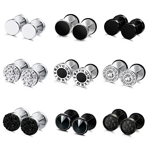 JeryWe 9Paare Ohrringe Ohrstecker Herren Männer Edelstahl 8mm Fake Plugs Ohrringe Schwarz Silber Ohr Tunnel Ohrringe Piercing,Runde Schraube Barbell Ohrstöpsel Faux Gauges Style A von JeryWe