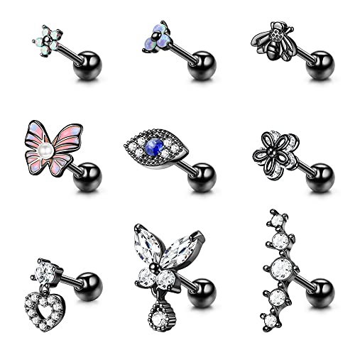 JeryWe 9 Stück 16G Edelstahl Knorpel Ohr Piercing Ohrringe Set für Damen Helix Tragus Piercings Ohrstecker Schmetterling Blume Evil Eye Opal CZ Piercing Schmuck Schwarz von JeryWe