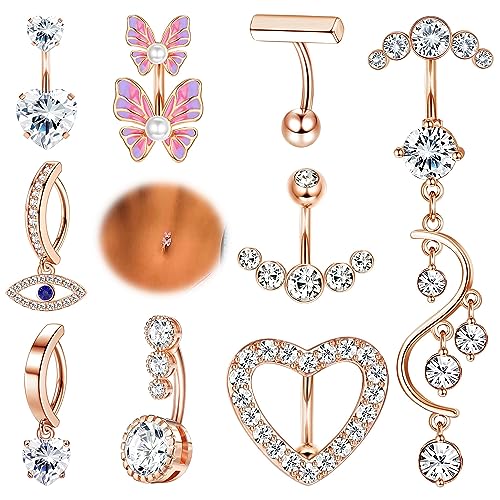 JeryWe 9 Stück Bauchnabelpiercing für Damen Mädchen Evil Eyes Schmetterling Umgekehrte Gebogene Nabel Ringe Barbell Chirurgenstahl Bauchnabelpiercings Schmuck Set 14GRoségold von JeryWe