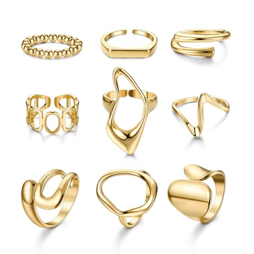 JeryWe 9 Stücke Damen Punk Ring Verstellbar Stapelringe Fingerringe Breiter Offene Stapelbare Kuppelring Set Unregelmäßige Geometrische Chunky Ringe Gold von JeryWe
