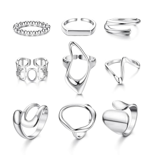 JeryWe 9 Stücke Damen Punk Ring Verstellbar Stapelringe Fingerringe Breiter Offene Stapelbare Kuppelring Set Unregelmäßige Geometrische Chunky Ringe Silber von JeryWe
