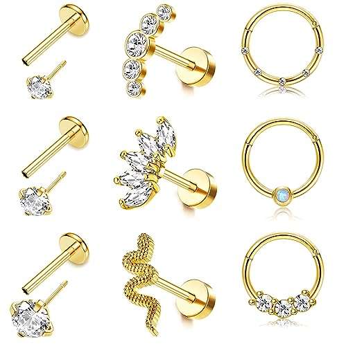 JeryWe 9pcs 16G Cartilage Knorpel Tragus Helix Ohrringe Piercing für Damen Männer Lippenpiercing labret Monroe Stecker Chirurgenstahl Nasenpiercing CZ Opal Medusa Labret Knorpel Körper Piercing gold von JeryWe