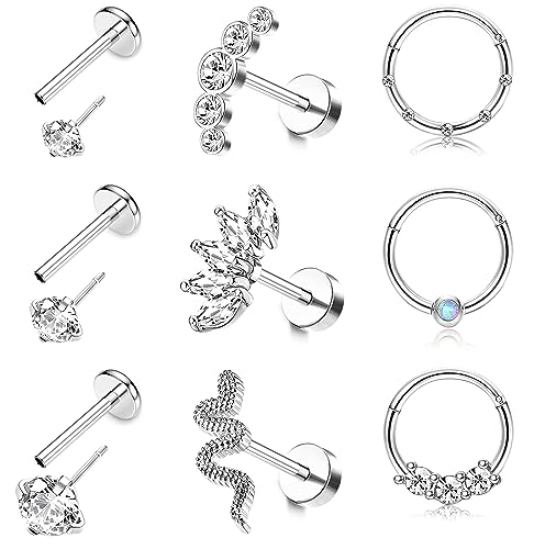 JeryWe 9pcs 16G Cartilage Knorpel Tragus Helix Ohrringe Piercing für Damen Männer Lippenpiercing labret Monroe Stecker Chirurgenstahl Nasenpiercing CZ Opal Medusa Labret Knorpel Körper Piercing s von JeryWe
