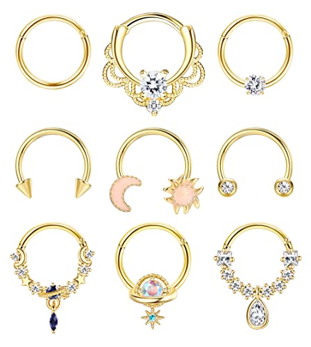 JeryWe 9stk 16G Septum Piercing für Damen Herren 316L Edelstahl Daith Ohrringe Ringe Set Blauer Planet Teardrop CZ MondStern Lippe Tragus Helix Knorpel Daith Conch Nase Hoop Piercing Schmuck（Gold） von JeryWe