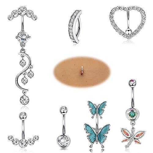 JeryWe Bauchnabelpiercing für Damen CZ Schlange Schmetterling Dangle Piercing Bauchnabel Edelstahl Nabel Barbell Körperschmuck Piercing 14G7 Stück von JeryWe